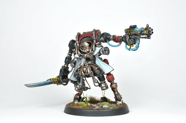 A painted miniature model of a mechanical suit character from the Walker series, featuring a detailed and colorful design with a sword and ornate mechanical details.