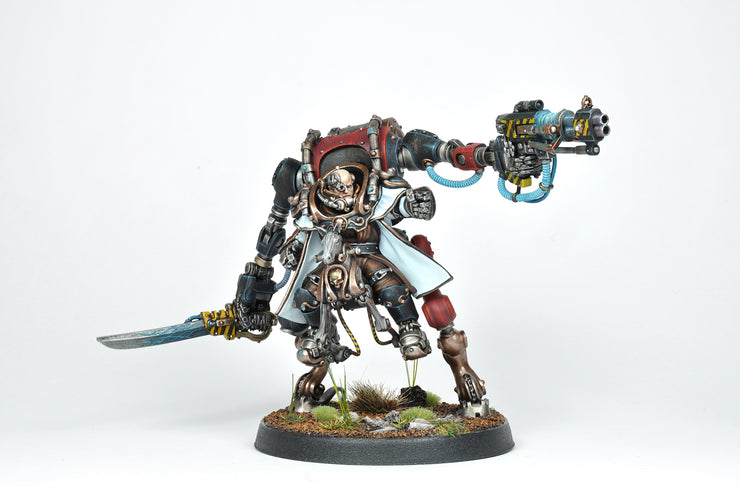 A painted miniature model of a mechanical suit character from the Walker series, featuring a detailed and colorful design with a sword and ornate mechanical details.